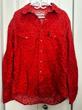 Cinch Red Button-Down Western Shirt with Black Paisley Print #37